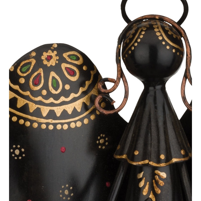Figurine d'ange debout en métal 16 po avec une aile complexe et une œuvre d'art peinte à la main détaillée - noir / or, Noir