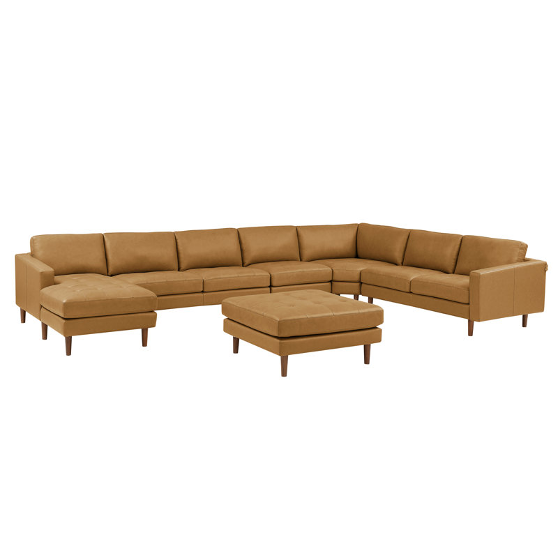 Canapé modulaire de coin avec repose-pieds de 173,5 po Alesja, Cuir synthétique gingembre