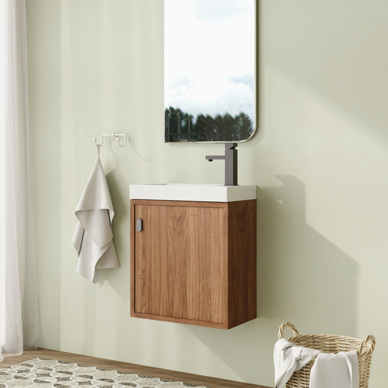 Meuble-lavabo flottant mural 18,5 po avec plateau en résine et porte à fermeture en douceur, Walnut