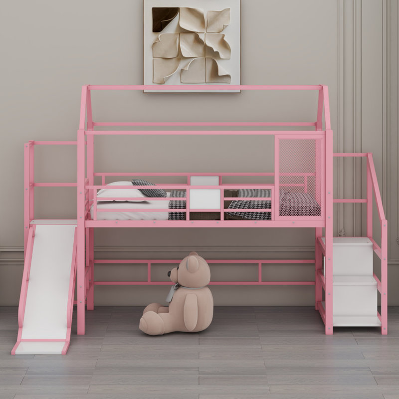 Metal House Loft Bed With Slide,Stairs And Storage Shelves, Twin, Pink