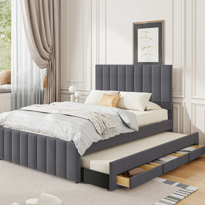 Lit rembourré avec lit gigogne et 3 tiroirs en lin gris - Espace pour la chambre à coucher