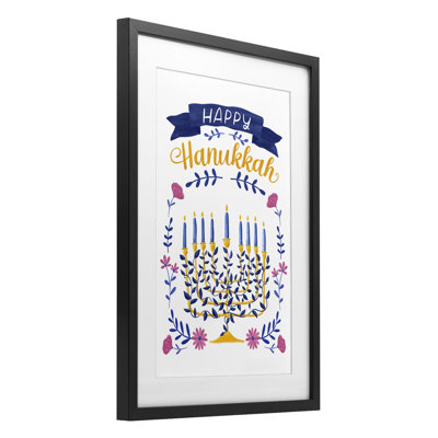 Floral Menorah Happy Hanukkah, reproduction encadrée sous verre, conception de JJ Design House LLC