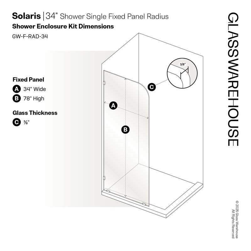 Solaris 34 in. x 78 in. Fully Frameless Radius Single Fixed Shower Panel, Polished Chrome