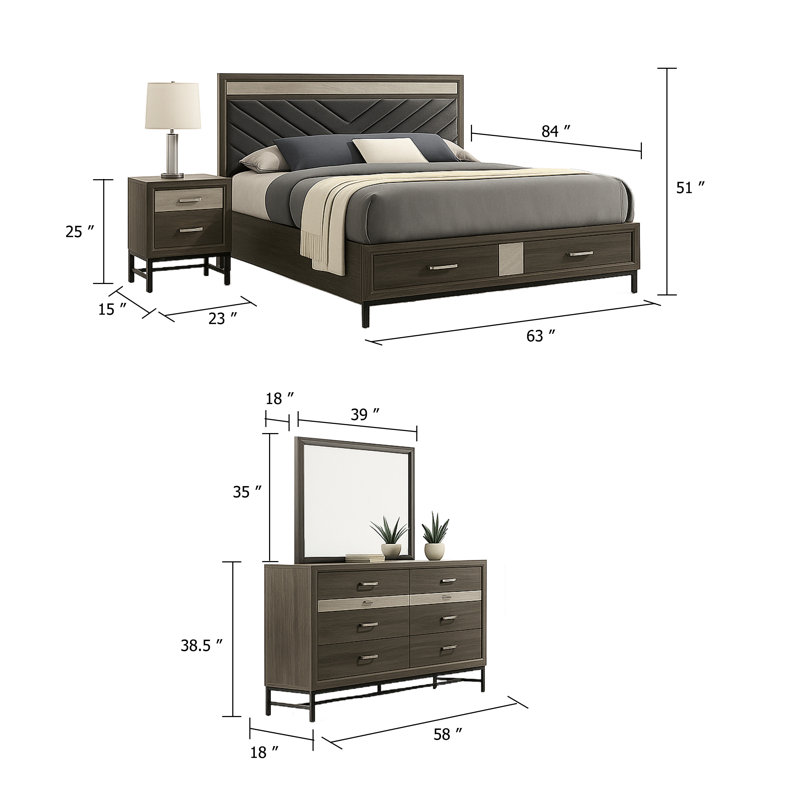 Ensemble de chambre avec grand lit 4 pièces Lito, revêtement gris, tiroirs de pied de lit, Brun