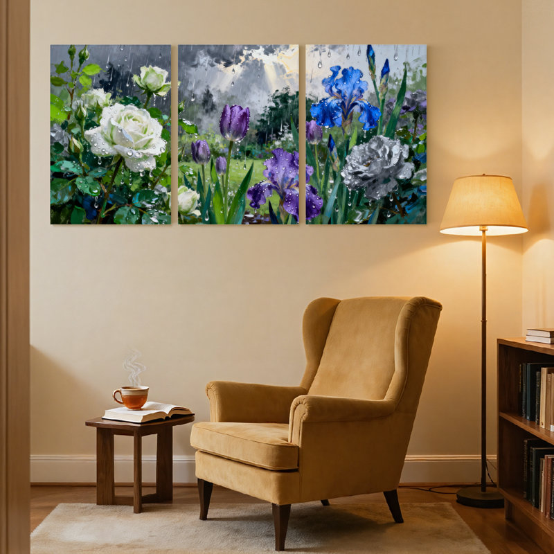 Plantes et fleurs, gouttes de pluie sur une scène de jardin, ensemble de 3 impressions sur toile, H 36 po x l 72 po
