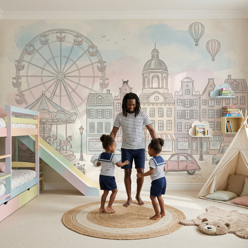 Décoration murale européenne paysage urbain grande roue, 160 po x 108 po, Peler et coller