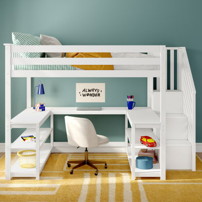 Classic Full High Loft + Wraparound Desk + Staircase, White