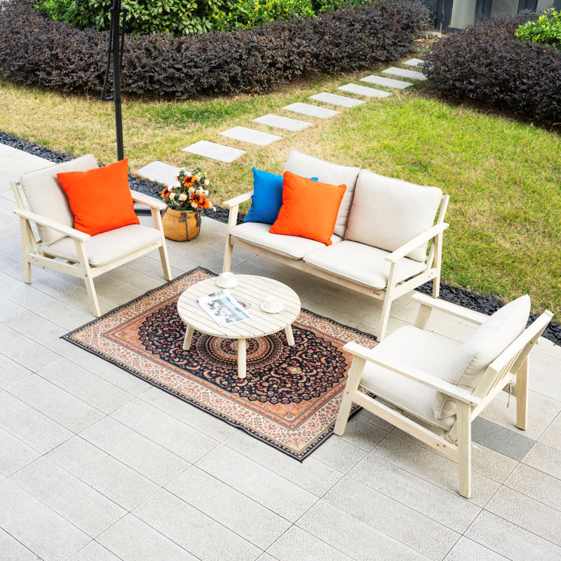 Acacia Wood Conversation Set With Cushions & Free Combination, 4 Pcs: Table, Loveseat, 2 Chairs