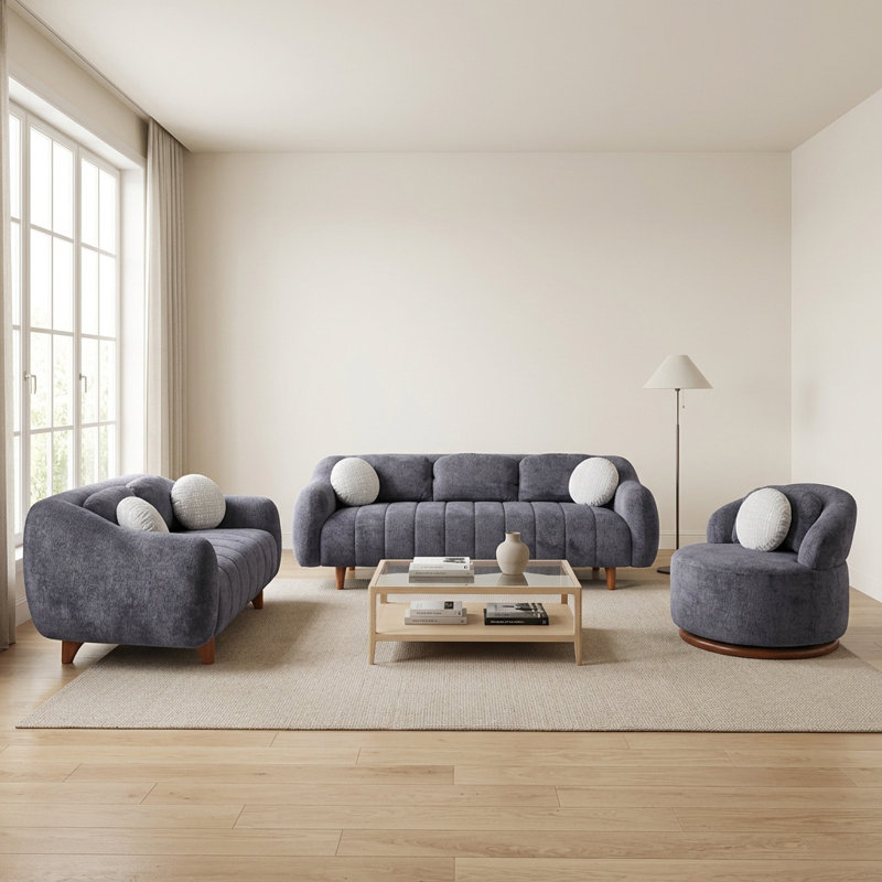 Roma Luxe Chenille 3-Piece Living Room Set, Grey