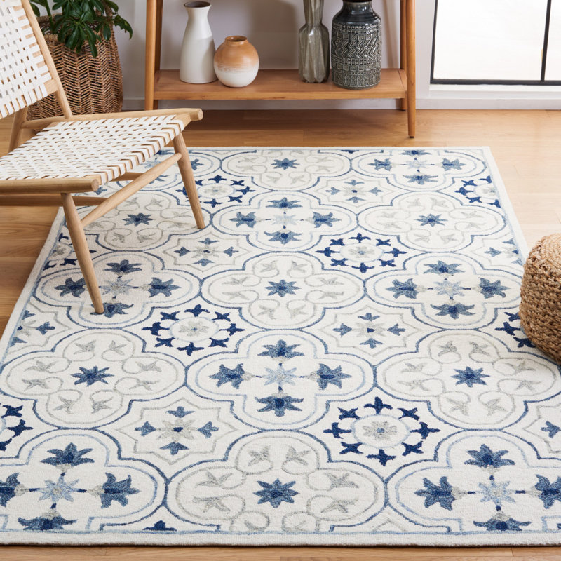 Tapis floral bleu / ivoire en laine / coton touffeté à la main Cendy, Rectangle 8 pi x 10 pi