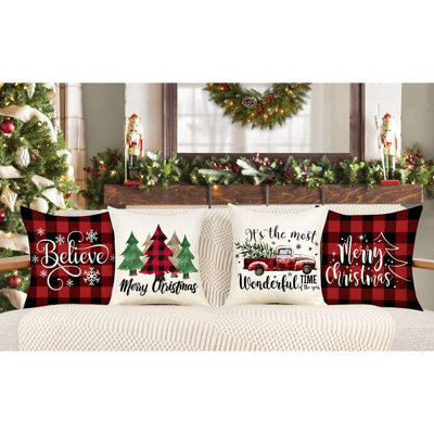 Ensemble de 4 housses de coussin de Noël pour décoration - taie d'oreiller 18 x 18 pour maison de campagne, canapé, lit, intérieur, hiver, vacances 