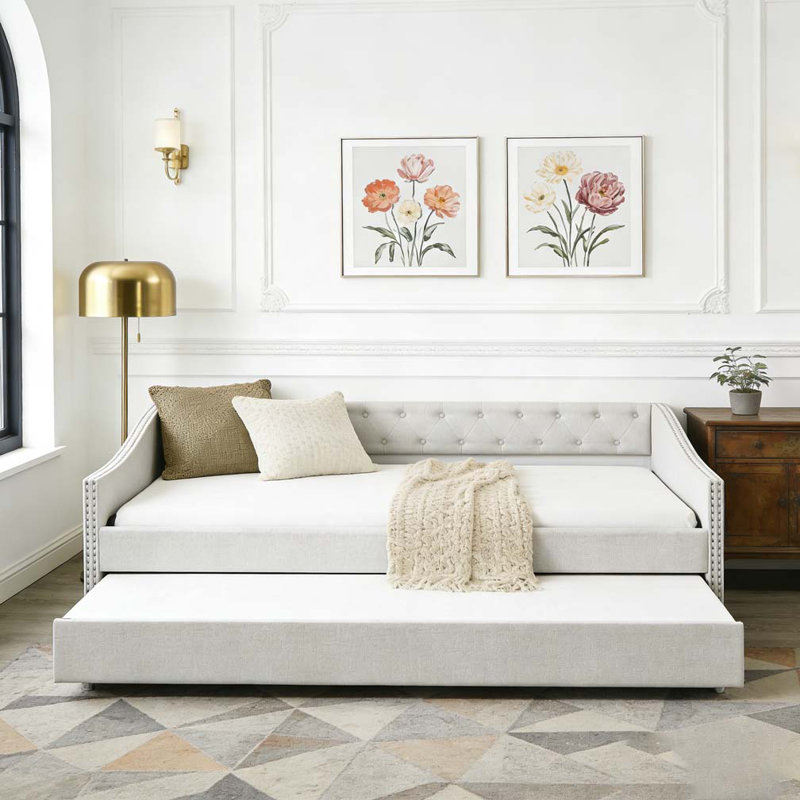Lit de jour double avec lit gigogne simple, Beige, Complet/Double