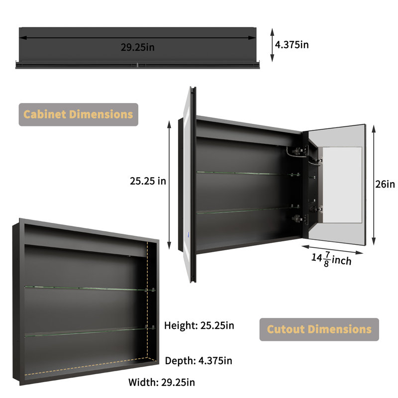 Hellmuth LED Surface/Recessed Mount Frameless Medicine Cabinet with Mirror and Adjustable Shelves, USB, Defogger, Dual