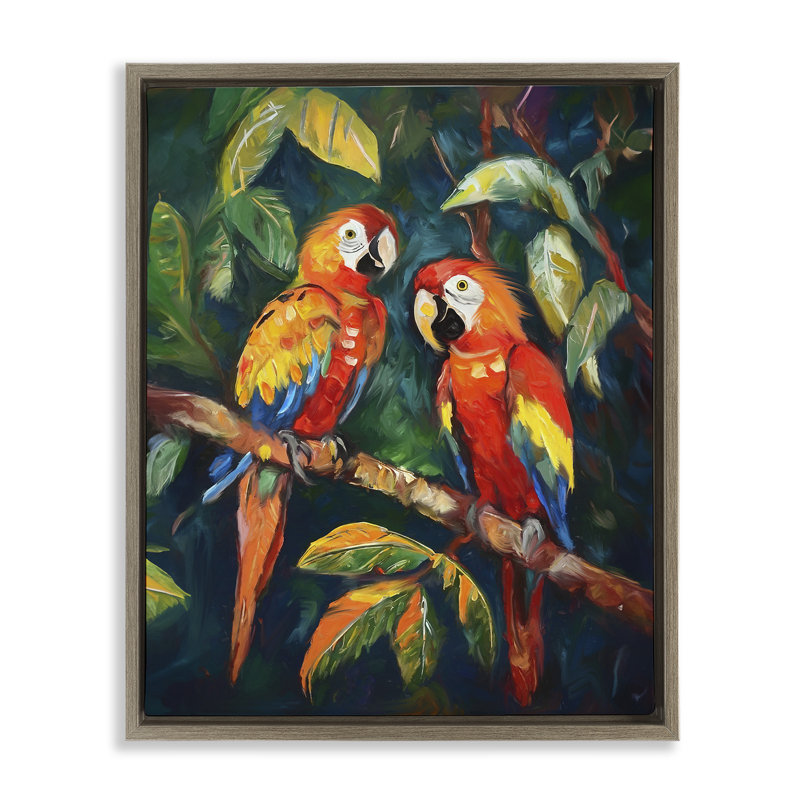 «Perroquet paire sur branche» par Ramona Murdock, H 31 po x l 25 po x P 1,7 po, Cadre flottant orme Montalcino