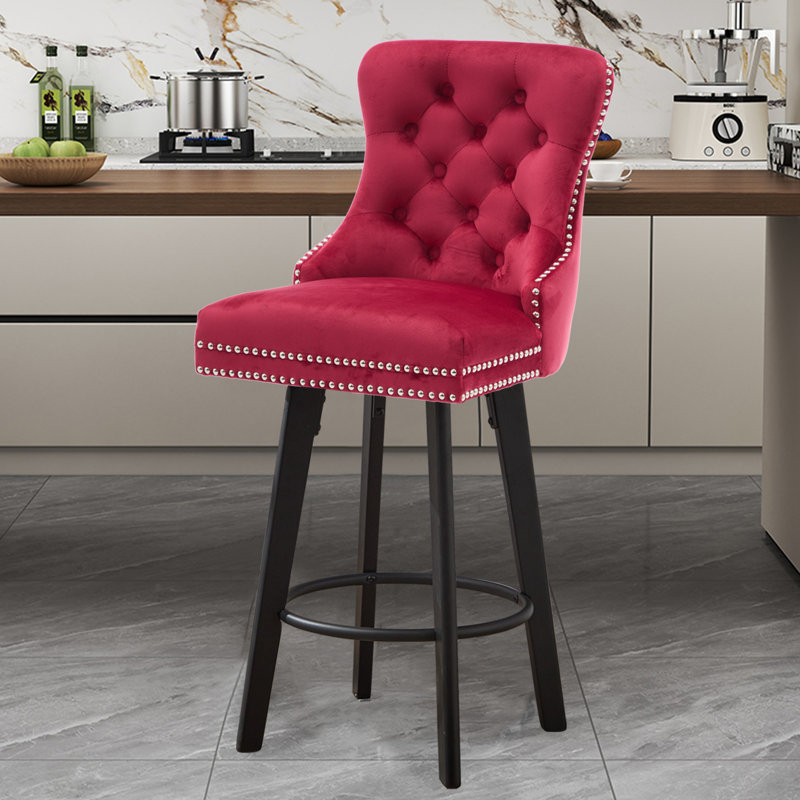 Modern  Swivel Bar Stools Velvet Barstools Button Tufted Bar Stools Rivet Trim Bar Stools for Kitchen Island,Bistro, with Metal Pull Ring Sturdy Footrest Large Backrest for Home Bar