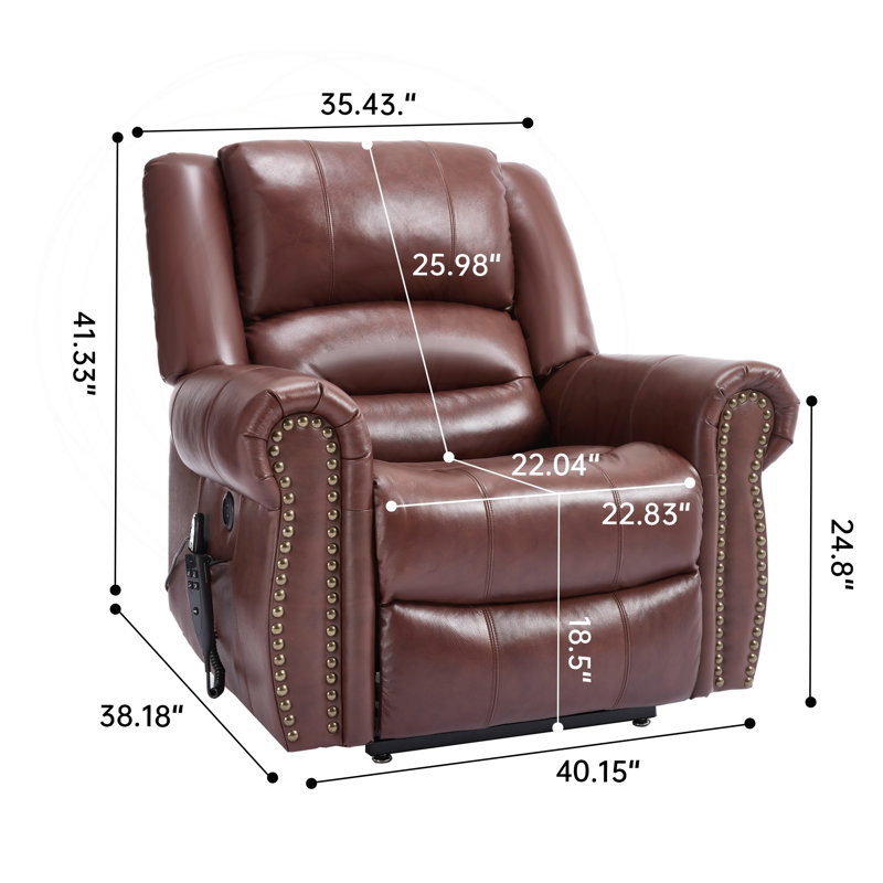 Fauteuil inclinable électrique à deux moteurs avec cuir véritable et ports USB, Cuir véritable rouge