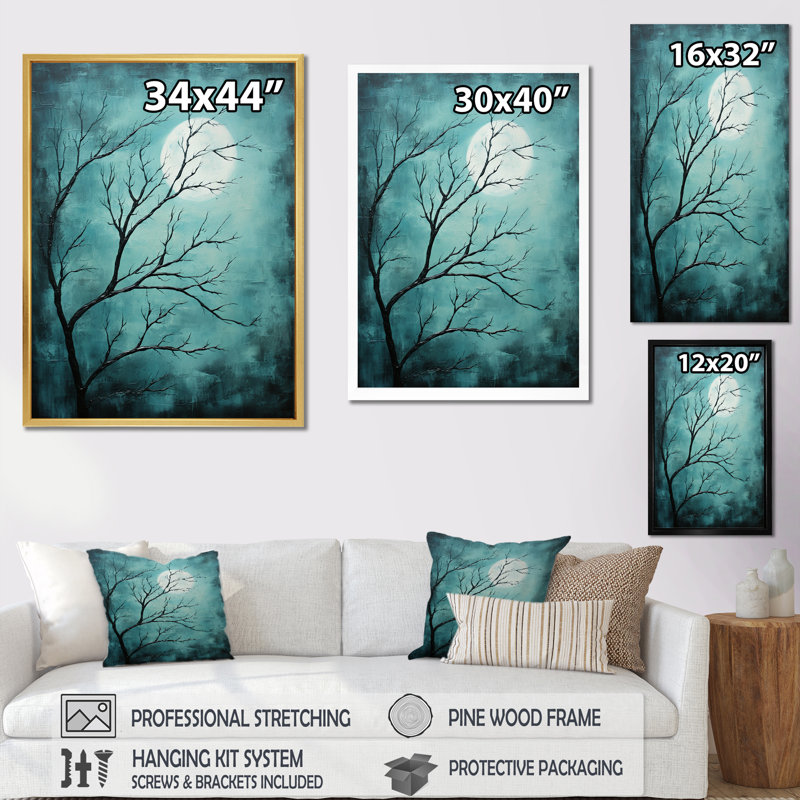 «Blue Moon Tranquility II - Moon», art mural sur toile, Cadre photo noir simple, H 32 po x l 16 po x P 1 po