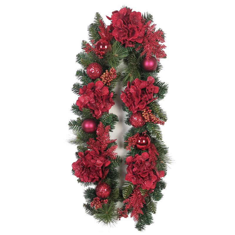 Guirlande de Noël, ornements d'hortensias de 72 po, rouge