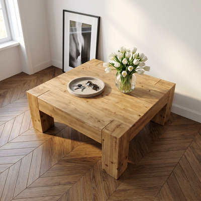 Minimalist Solid Wood Coffee Table with Block Legs, Wabi-Sabi and Nordic Style Design