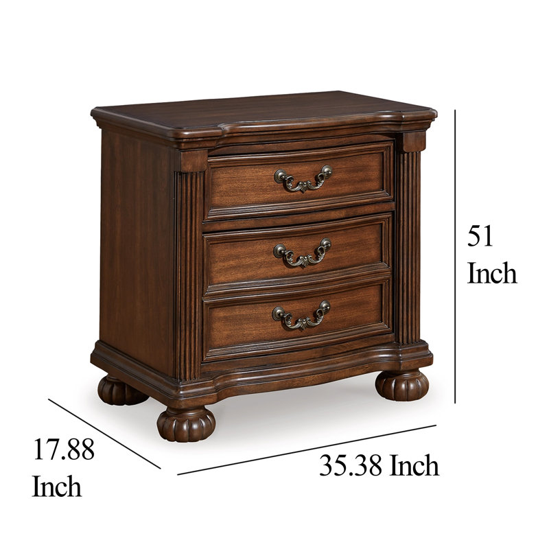 Table de chevet Laon, 3 tiroirs, bronze, 29 pouces, bois franc brun cerise