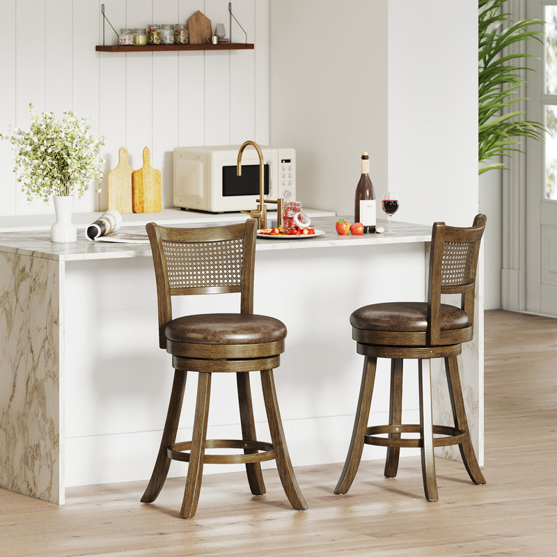 Set of 2 Bar Stools 25'' Swivel Bar Chairs w/ PE Rattan Backrest Counter Height, Counter Stool (25" Seat Height), 2
