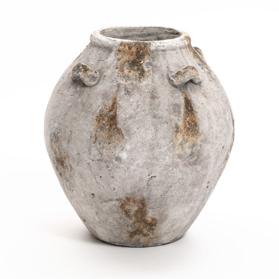 Mottled Brown and White Terracotta 12-Inch Tall Indoor and Outdoor Jug Vase with Handles