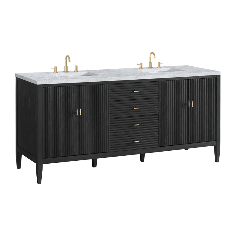 Myrrin 72 in. Handmade Double Vanity, Carbon Oak, Carrara White, 8" Widespread