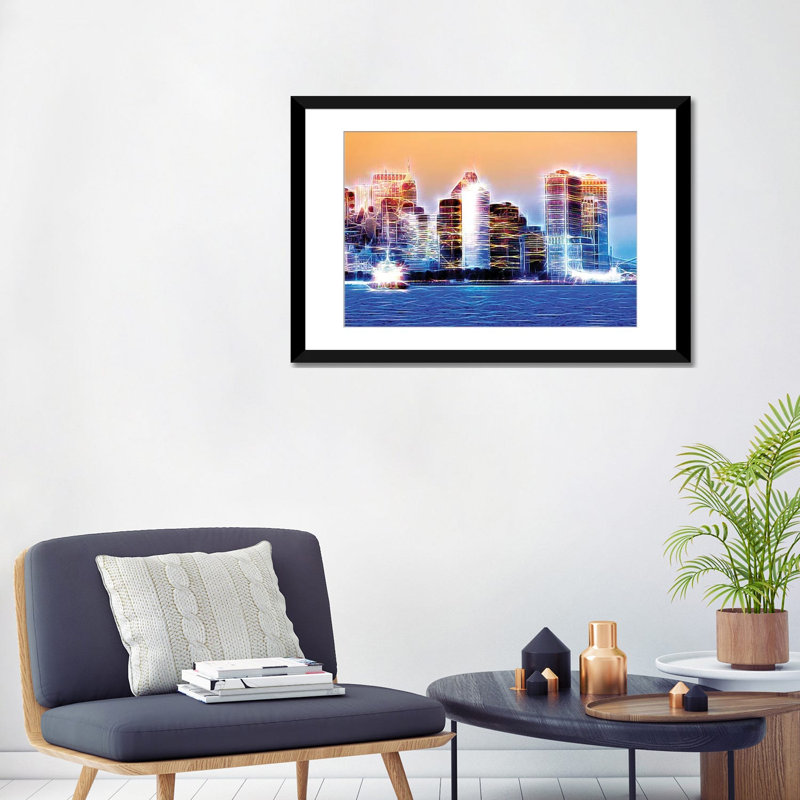 «Blue Night» sur toile, H 24 po x l 32 po x P 1 po, Papier d'art encadré noir, Blanc