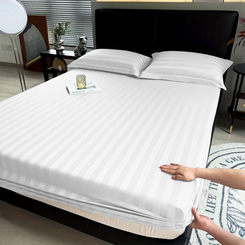 Aspire Homeware Luxury 40cm Deep Striped Fitted Sheet for Hotel Style Bedroom Comfort, Single (3'), White