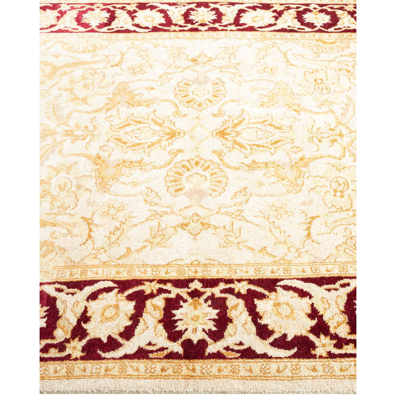 Tapis noué à la main de conception unique ivoire / rouge / beige 4 pi 1 po x 6 pi 3 po
