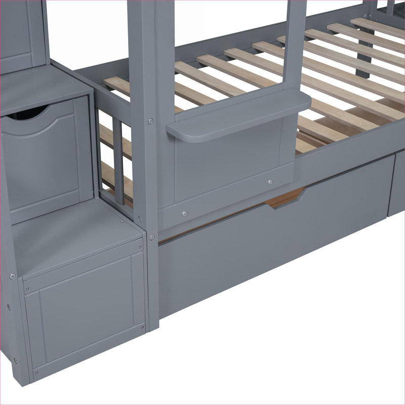 Platform Bunk Bed Twin Over Twin Castle Style With Slide, 2 Drawers 3 Shelves, Solid Wood, Classic Grey