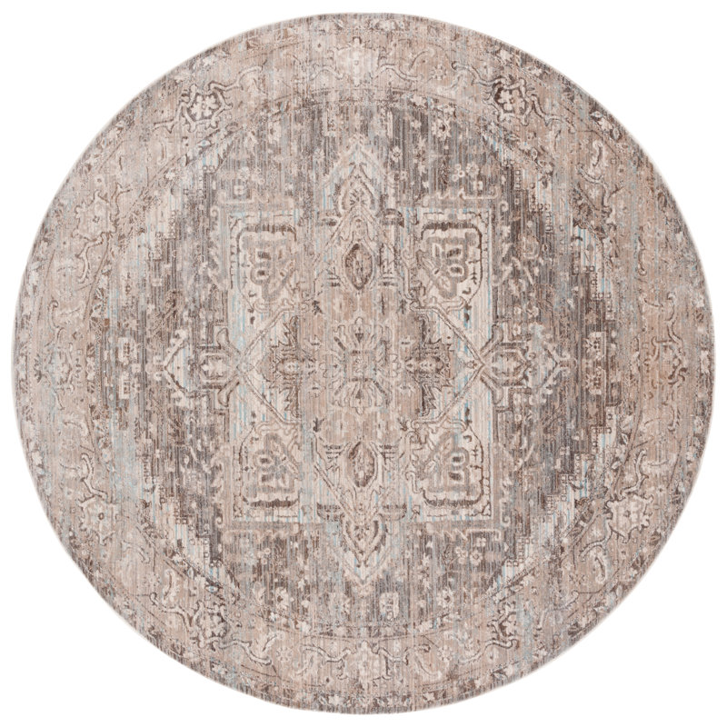 Tapis oriental en polyester tissé à plat en brun / beige, Rond 6 pi 7 po