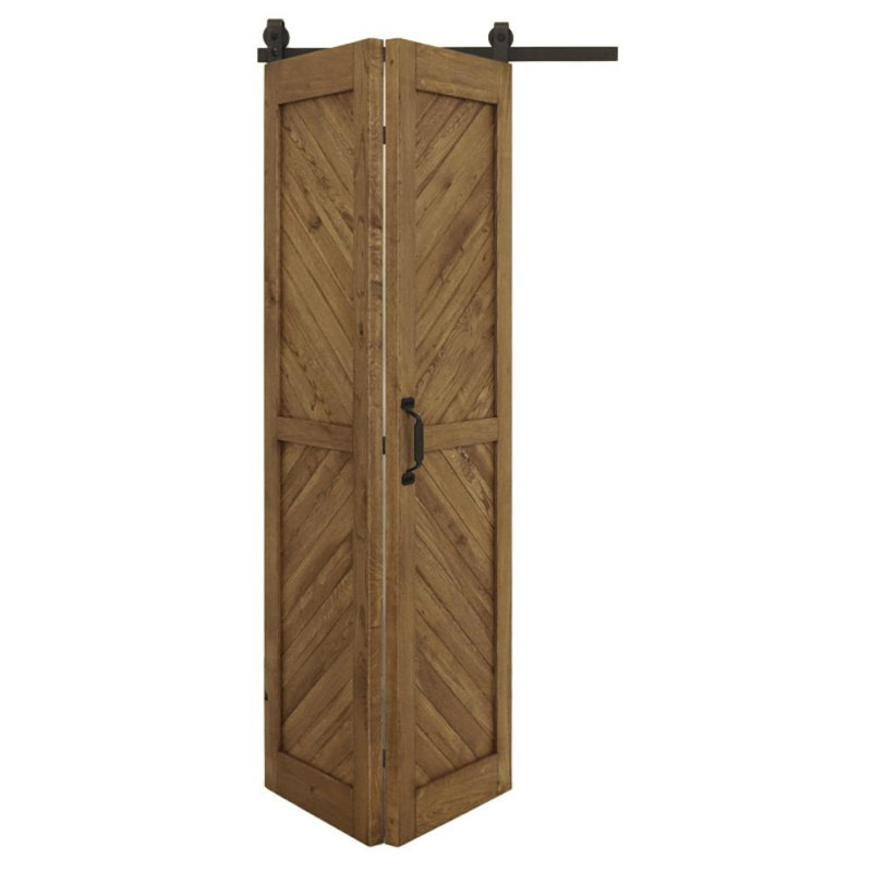 Solid Oak Barn Door with Single Bi-Folding System, Brown Oil