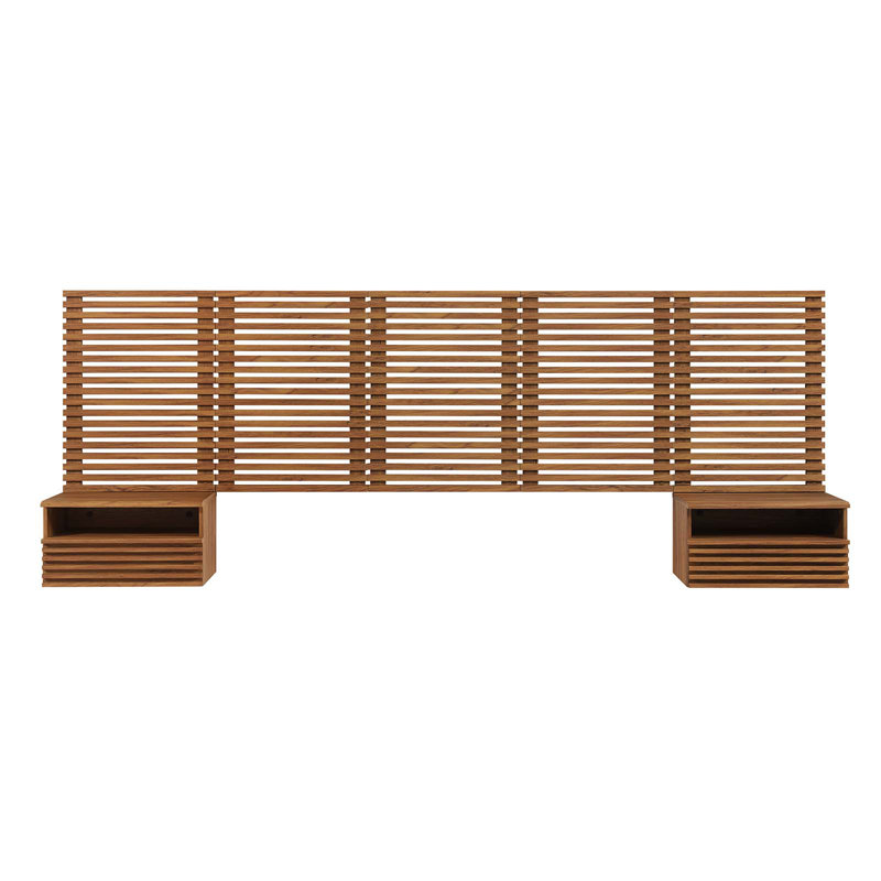 Modway Render Wall Mount Queen Headboard and Modern Nightstands, Walnut