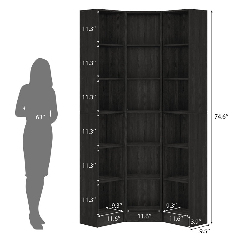 Étagère d'angle à 6 niveaux, tablette de rangement cubique ouverte, 18 compartiments pour salon et bureau, noire, Noir gaufré