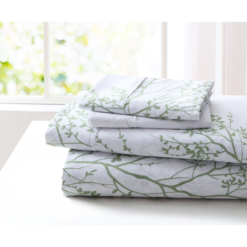 Microfiber Floral Sheet Set, Twin Sheet Set + 1 Fitted Sheet + 1 Pillowcase, White/Sage