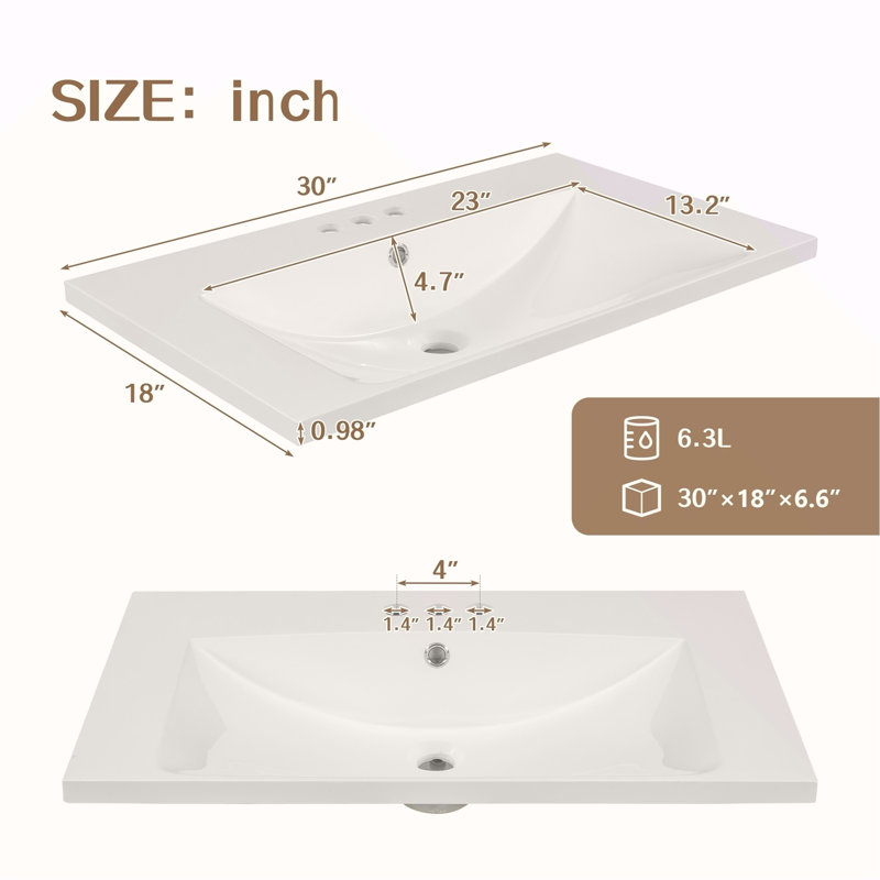 Plateau de meuble-lavabo simple 30 po avec lavabo blanc, 3 trous de robinet, céramique, blanc, 6.61" H x 30" W x 18" D