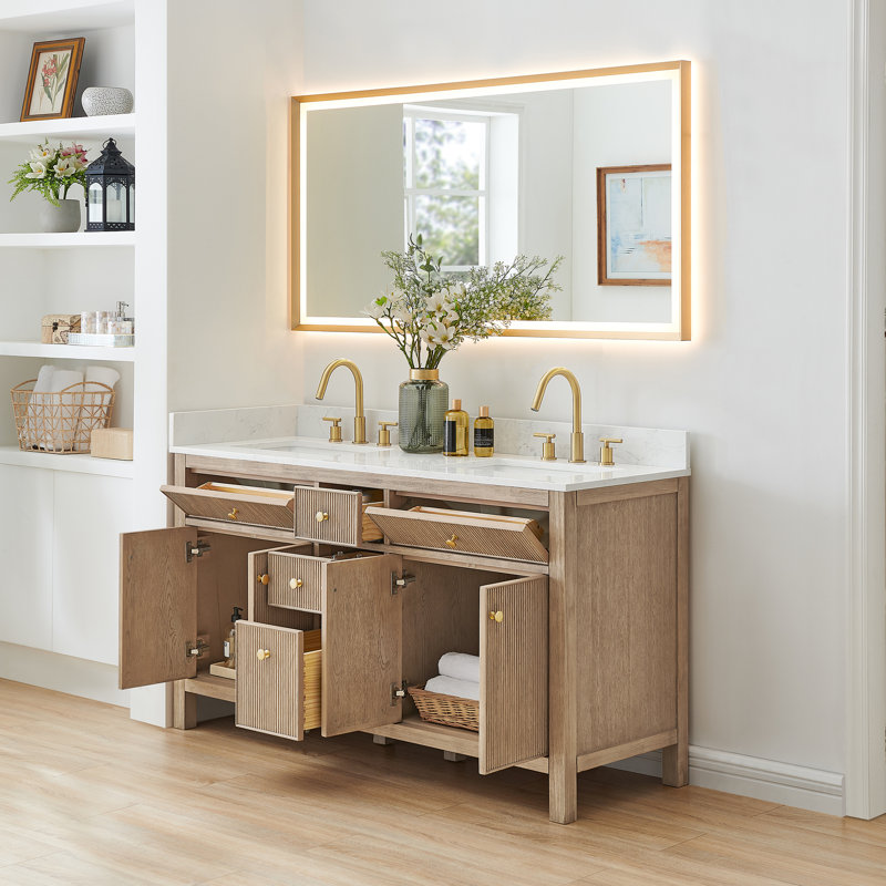 Meuble-lavabo double 60 po avec miroir Lala, Chêne naturel
