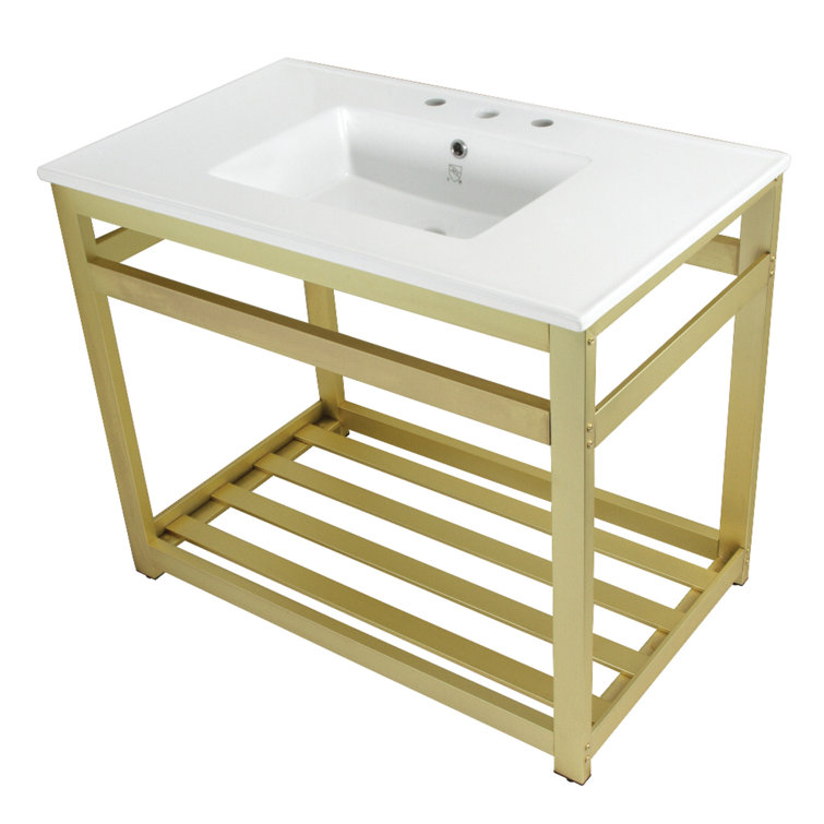 Kingston Brass Quadras 37-Inch Ceramic Console Sink with Steel Base and Shelf (8-Inch, 3-Hole)