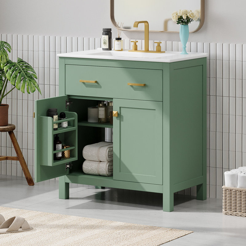 30'' Single Bathroom Vanity with Ceramic Top, Green, Gold
