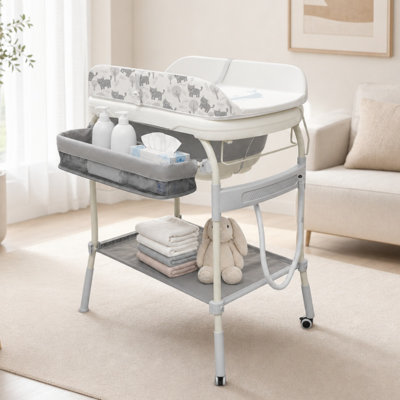 Baignoire pour bébé 2 en 1 avec table à langer, station de changement de couches imperméable et portable, organisateur de chambre de bébé à hauteur réglable avec support de rangement pour tout-petit nouveau-né, motif de chat