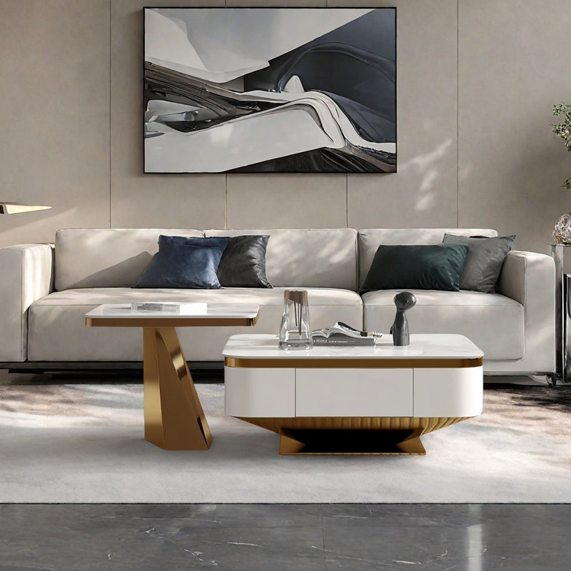 Modern square granite tabletop coffee table, Gold, 14.6" H x 35.4" L x 35.4" W