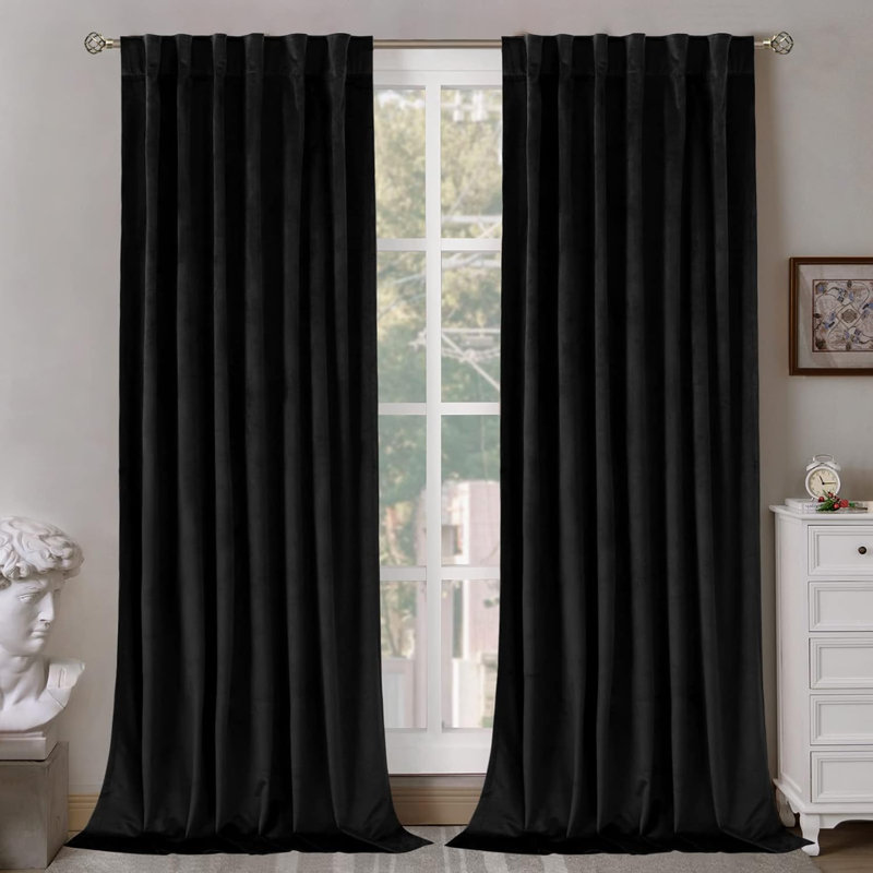 Ortraud Room Darkening Velvet Curtains with Back Tab and Rod Pocket, 52" W x 72" L, Black