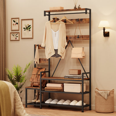 Portemanteau industriel avec banc de rangement pour chaussures avec 10 chaussures - étagère à 5 niveaux et structure en métal