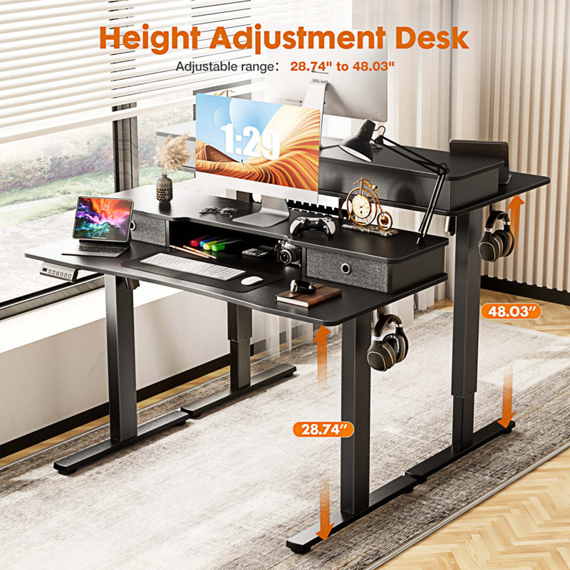 Bureau debout à hauteur ajustable Marzena, H 52 po x l 40 po x P 23 po, Noir / Noir