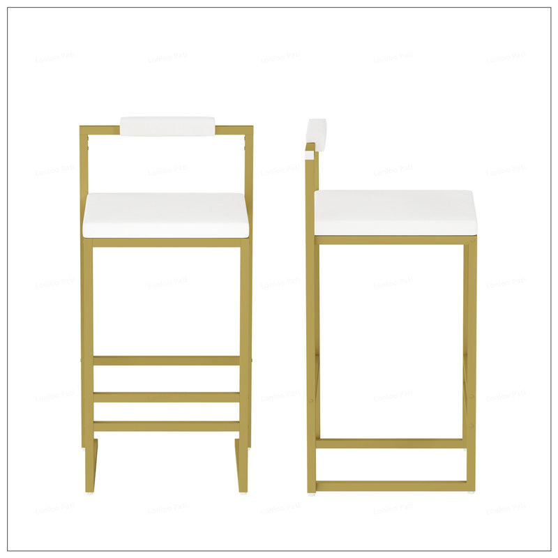 2PCS Velvet Bar Stools With Gold Metal Legs, White, Gold