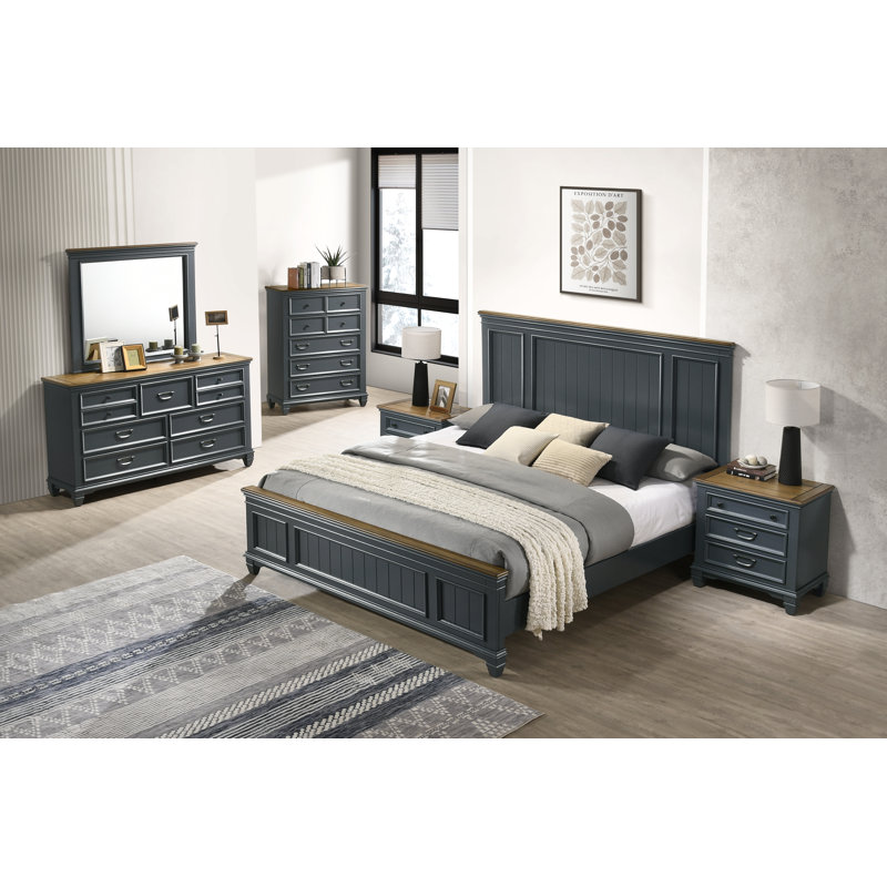 Semaj Wood Distressed Bedroom Set with Panel King Bed, Dresser, Mirror, 2 Nightstands, Chest, Blue