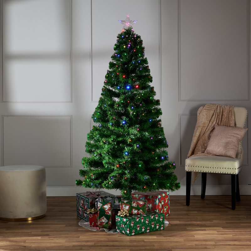 Arbre de Noël artificiel pin vert en fibre optique 6 pi avec lumières blanches / froides, Multicolore