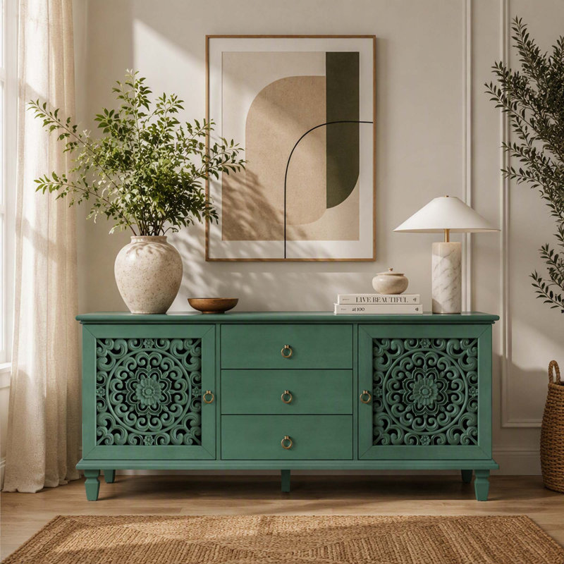 Meuble télé de style campagnard vintage avec portes sculptées, tiroirs et étagères réglables, Bleu antique
