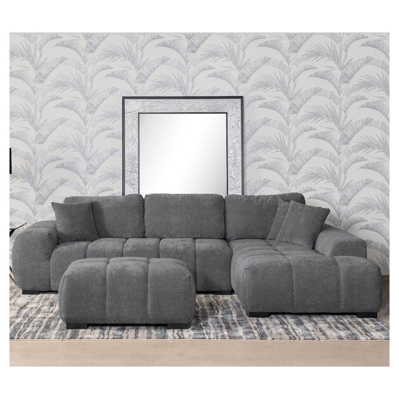 Canapé d'angle en L Plather gris anthracite, revêtement capitonné, méridienne réversible et coussins de dossier amovibles